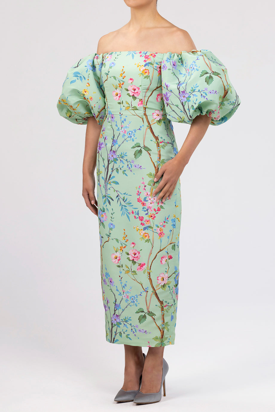 Sylvia Garden Reverie Silk Faille Midi Dress in Celadon Floral