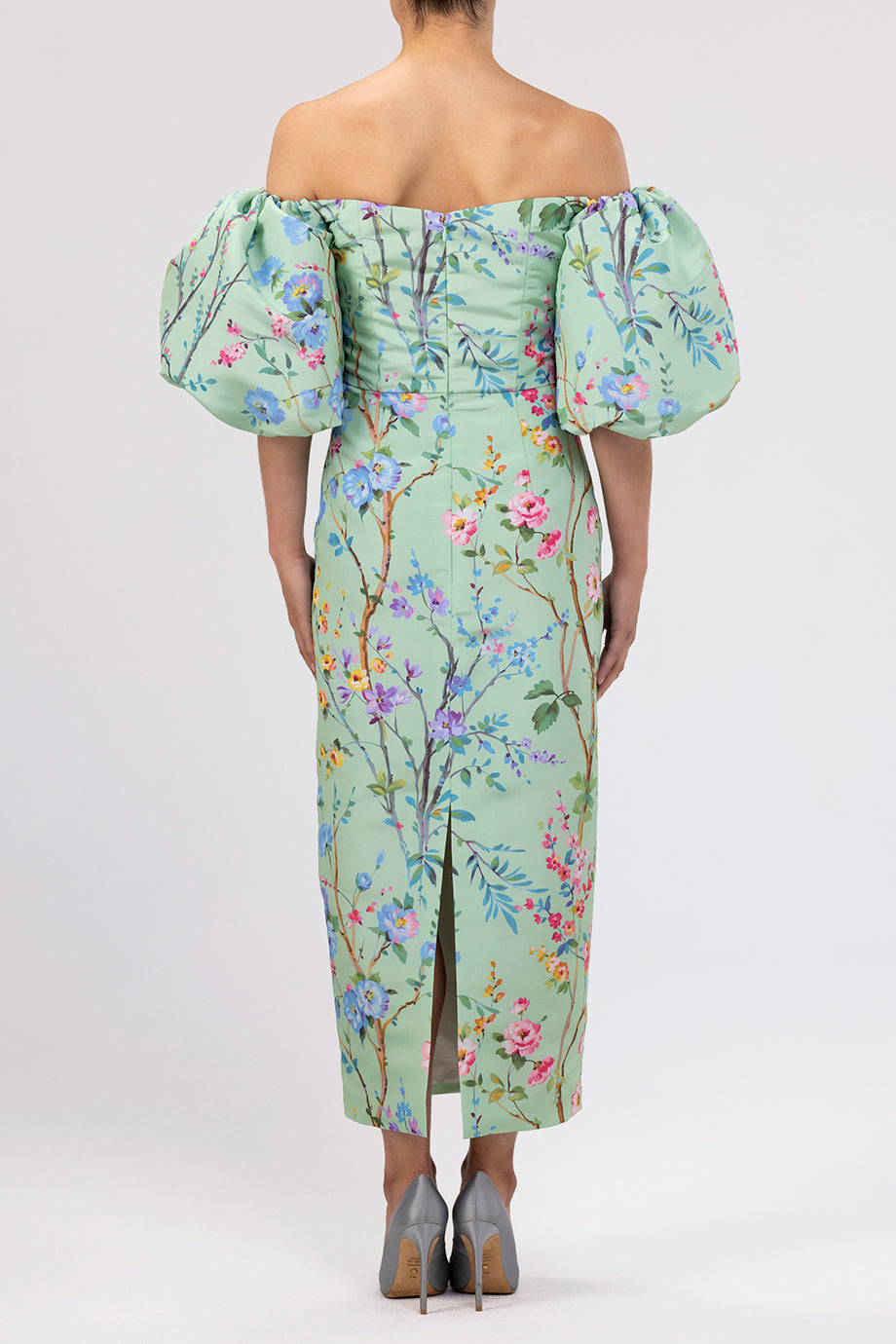 Sylvia Garden Reverie Silk Faille Midi Dress in Celadon Floral