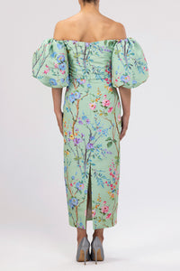 Sylvia Garden Reverie Silk Faille Midi Dress in Celadon Floral