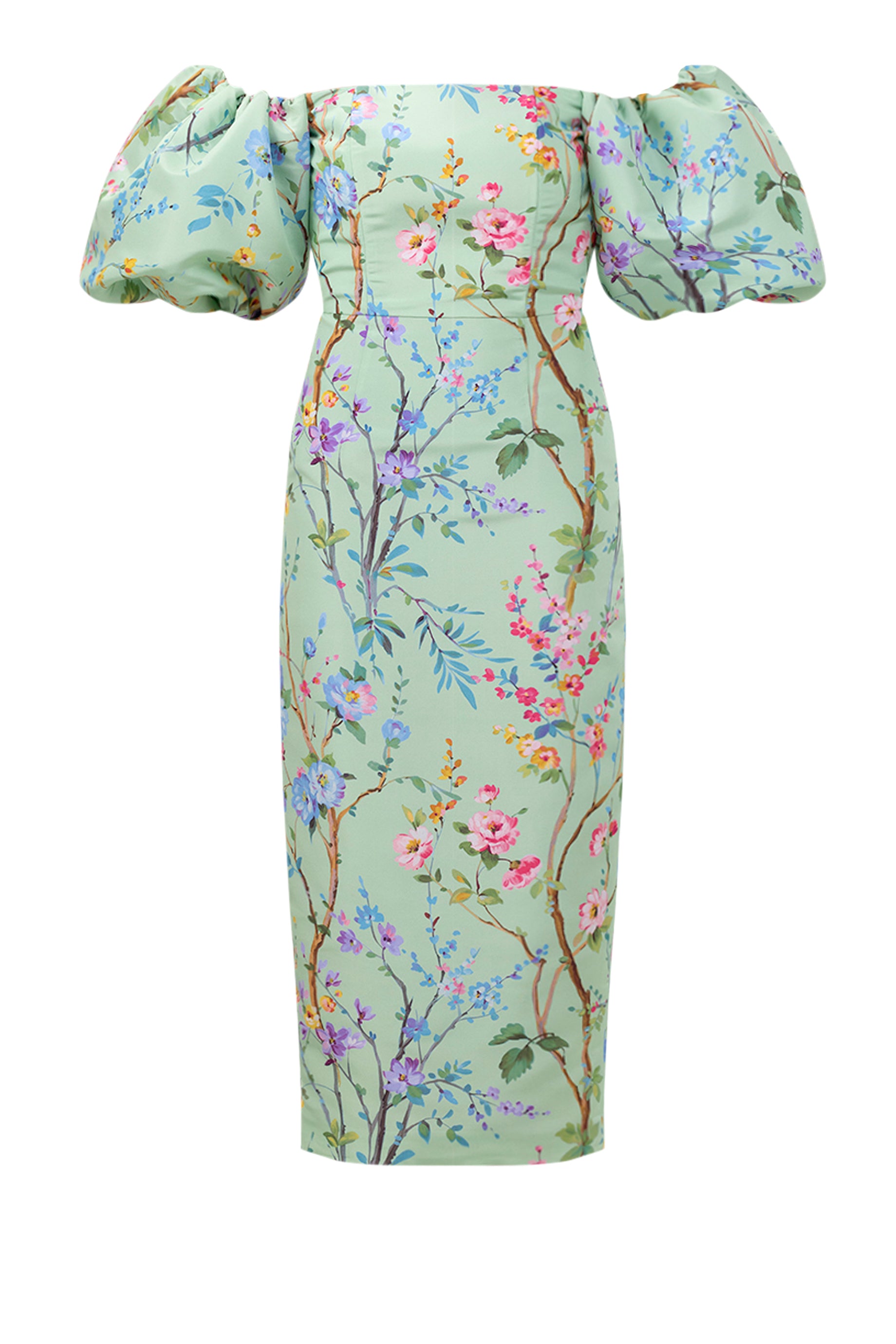 Sylvia Garden Reverie Silk Faille Midi Dress in Celadon Floral