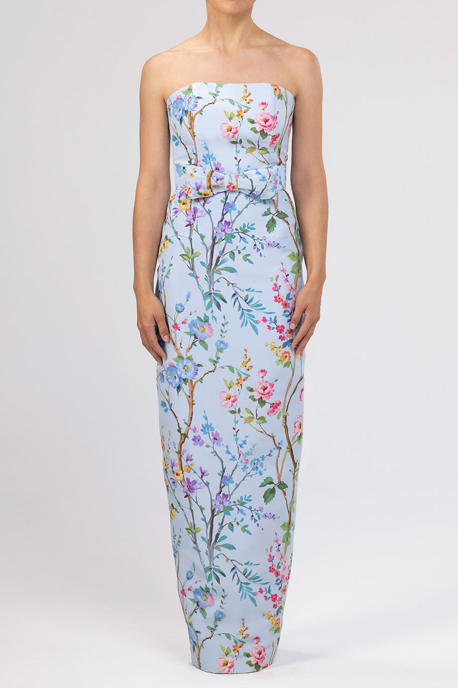 Elizabeth Garden Reverie Silk Faille Column Gown with Bow Belt in Light Blue Floral
