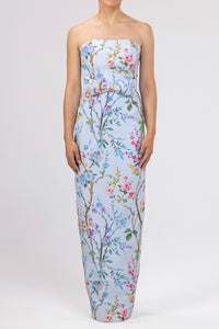 Elizabeth Garden Reverie Silk Faille Column Gown with Bow Belt in Light Blue Floral