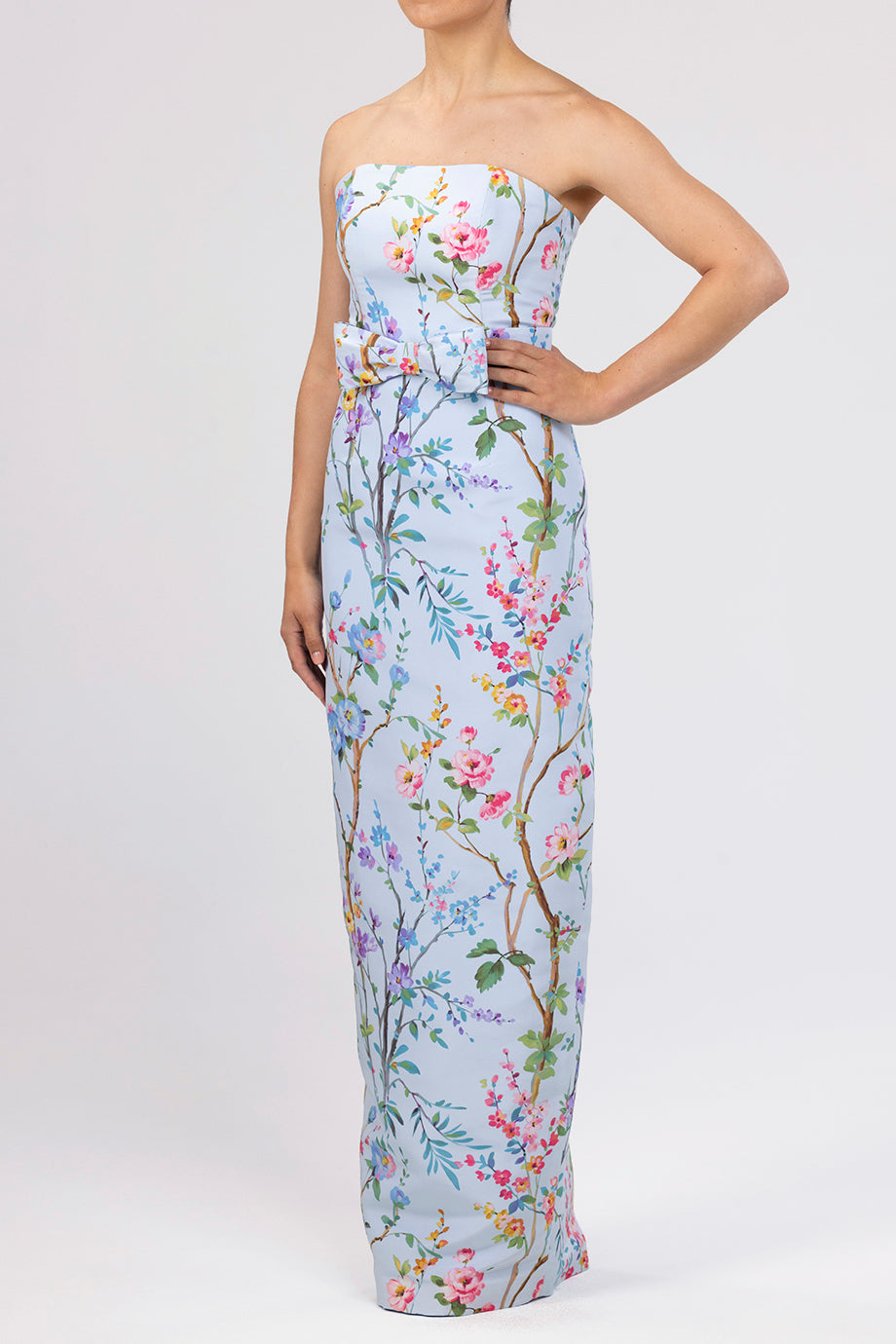 Elizabeth Garden Reverie Silk Faille Column Gown with Bow Belt in Light Blue Floral