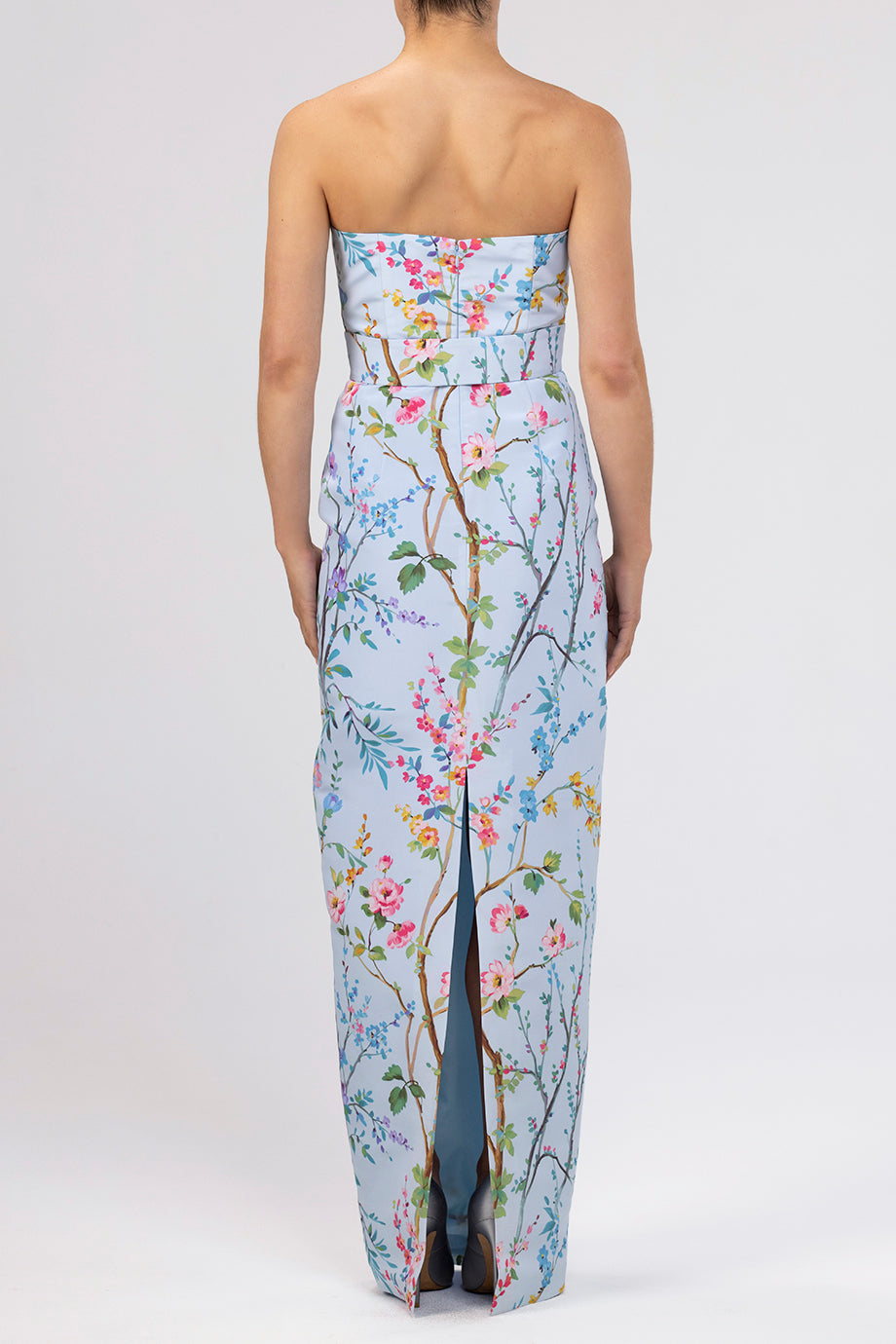Elizabeth Garden Reverie Silk Faille Column Gown with Bow Belt in Light Blue Floral
