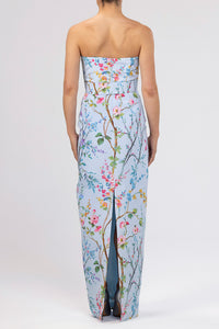Elizabeth Garden Reverie Silk Faille Column Gown with Bow Belt in Light Blue Floral