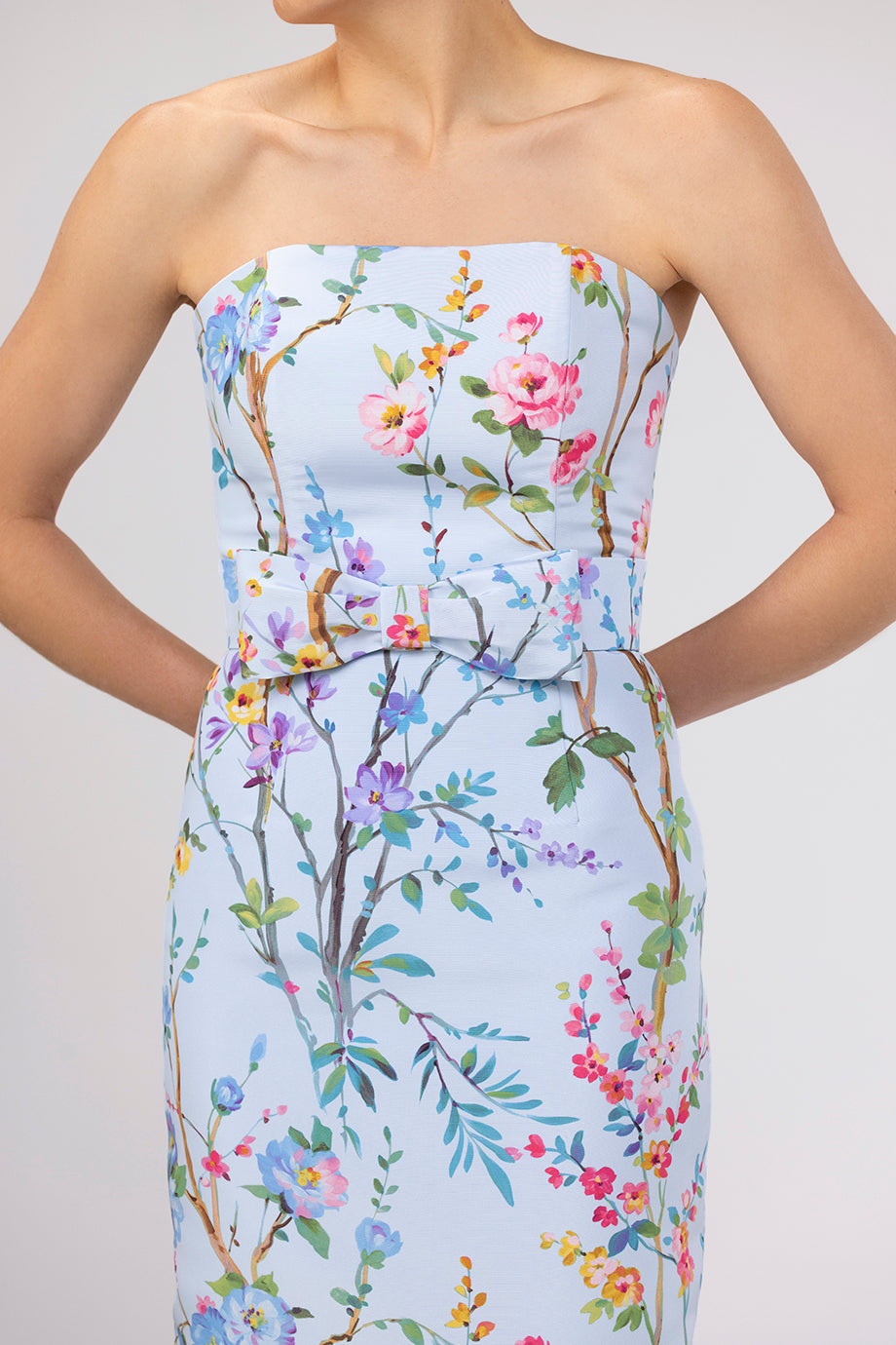 Elizabeth Garden Reverie Silk Faille Column Gown with Bow Belt in Light Blue Floral