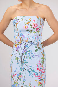 Elizabeth Garden Reverie Silk Faille Column Gown with Bow Belt in Light Blue Floral