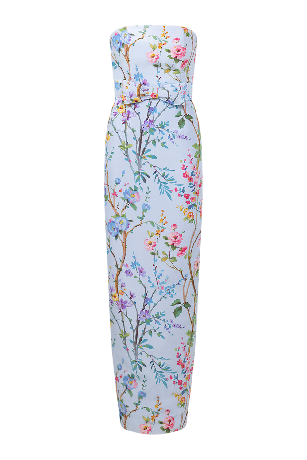 Elizabeth Garden Reverie Silk Faille Column Gown with Bow Belt in Light Blue Floral