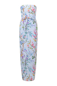 Elizabeth Garden Reverie Silk Faille Column Gown with Bow Belt in Light Blue Floral