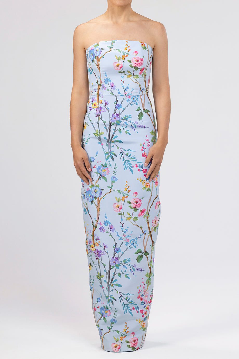 Elizabeth Garden Reverie Silk Faille Column Gown in Light Blue Floral