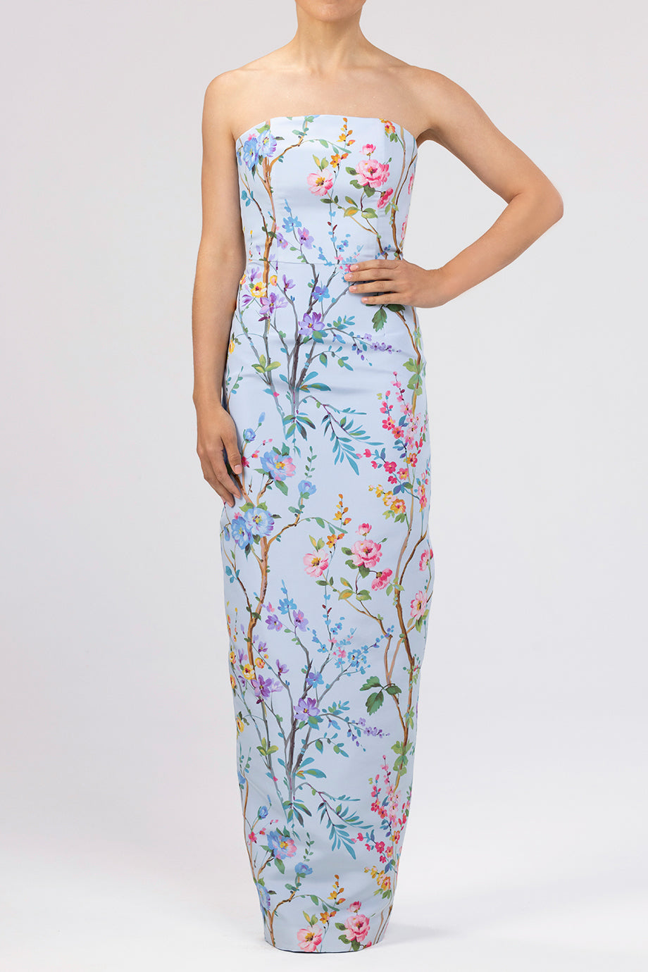 Elizabeth Garden Reverie Silk Faille Column Gown in Light Blue Floral