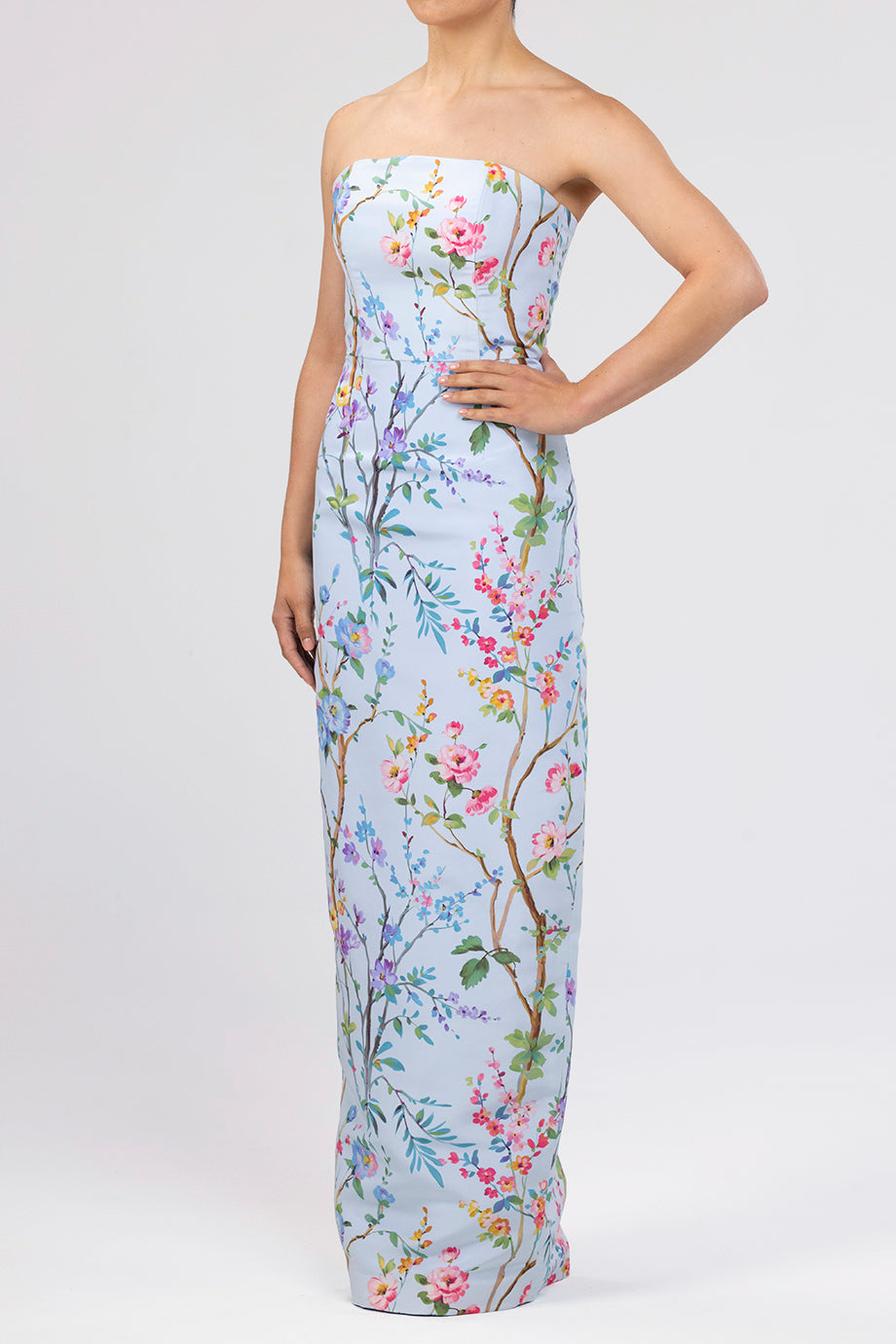 Elizabeth Garden Reverie Silk Faille Column Gown in Light Blue Floral