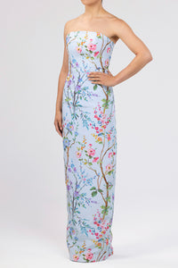 Elizabeth Garden Reverie Silk Faille Column Gown in Light Blue Floral