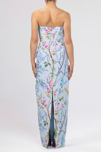 Elizabeth Garden Reverie Silk Faille Column Gown in Light Blue Floral