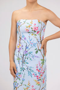 Elizabeth Garden Reverie Silk Faille Column Gown in Light Blue Floral