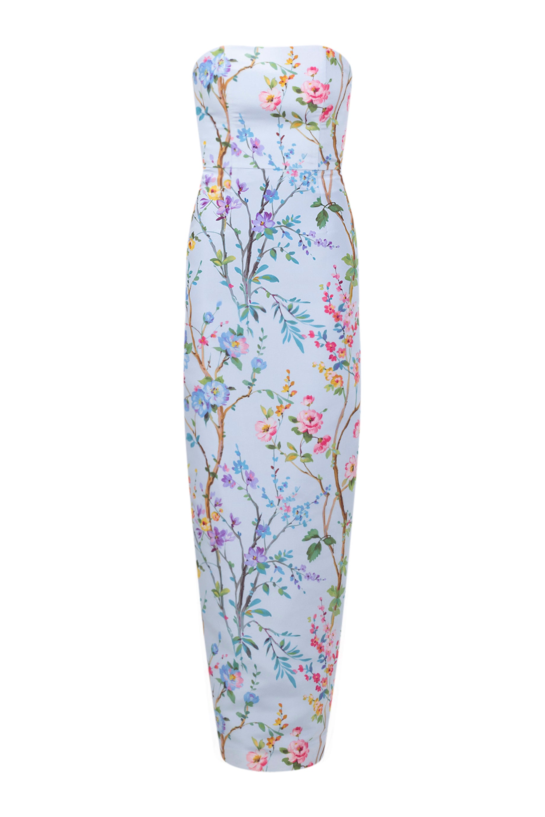 Elizabeth Garden Reverie Silk Faille Column Gown in Light Blue Floral