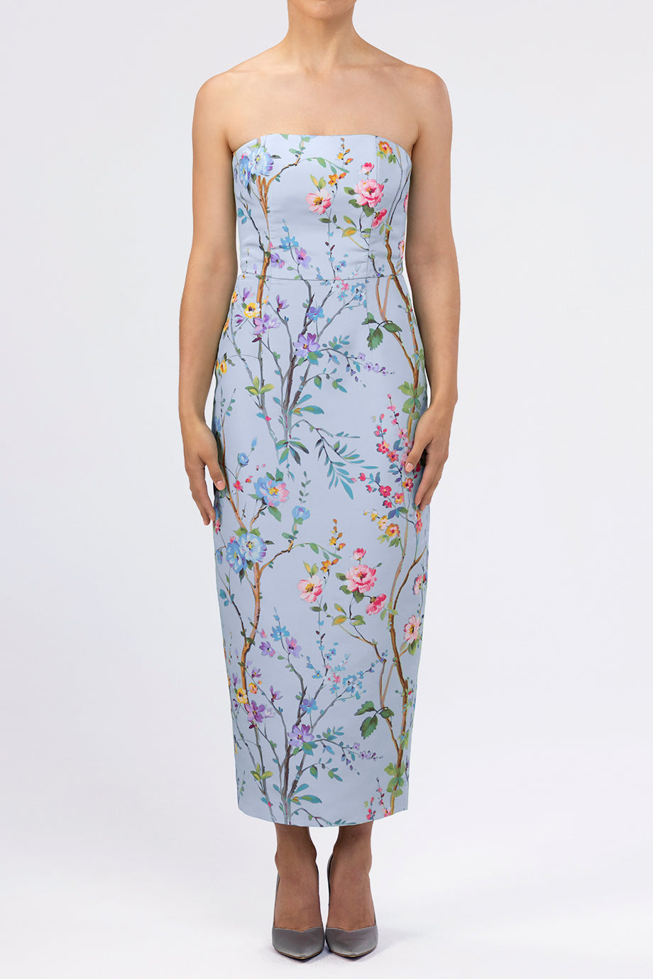 Elizabeth Garden Reverie Silk Faille Midi Dress in Light Blue Floral