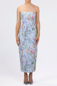 Elizabeth Garden Reverie Silk Faille Midi Dress with Bow Belt in Light Blue Floral