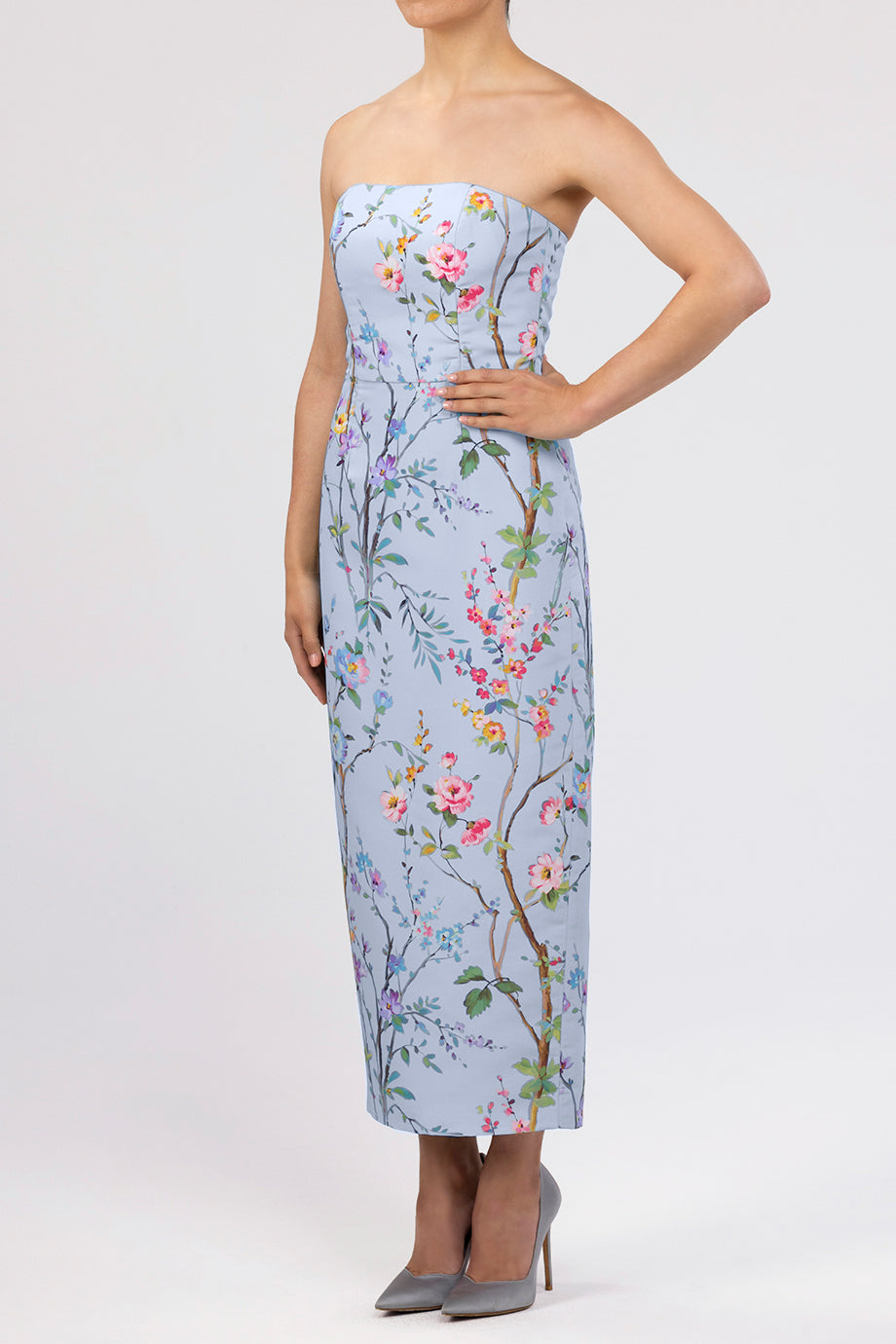 Elizabeth Garden Reverie Silk Faille Midi Dress in Light Blue Floral