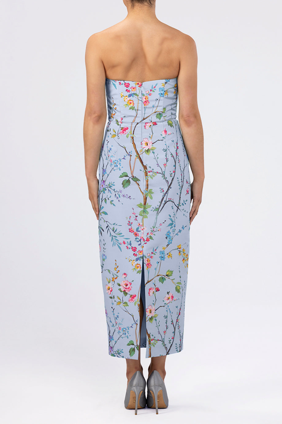 Elizabeth Garden Reverie Silk Faille Midi Dress in Light Blue Floral