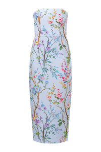 Elizabeth Garden Reverie Silk Faille Midi Dress in Light Blue Floral