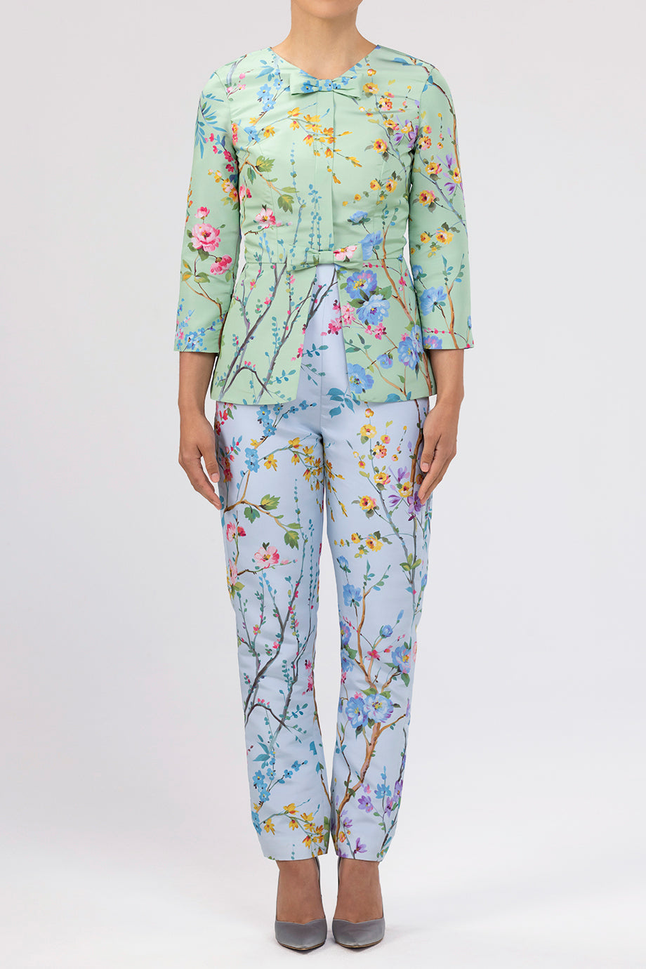 Garden Reverie Silk Faille Cigarette Pants in Light Blue Floral