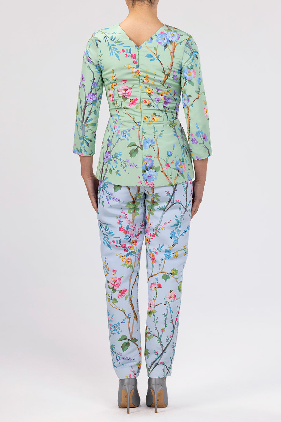 Garden Reverie Silk Faille Cigarette Pants in Light Blue Floral