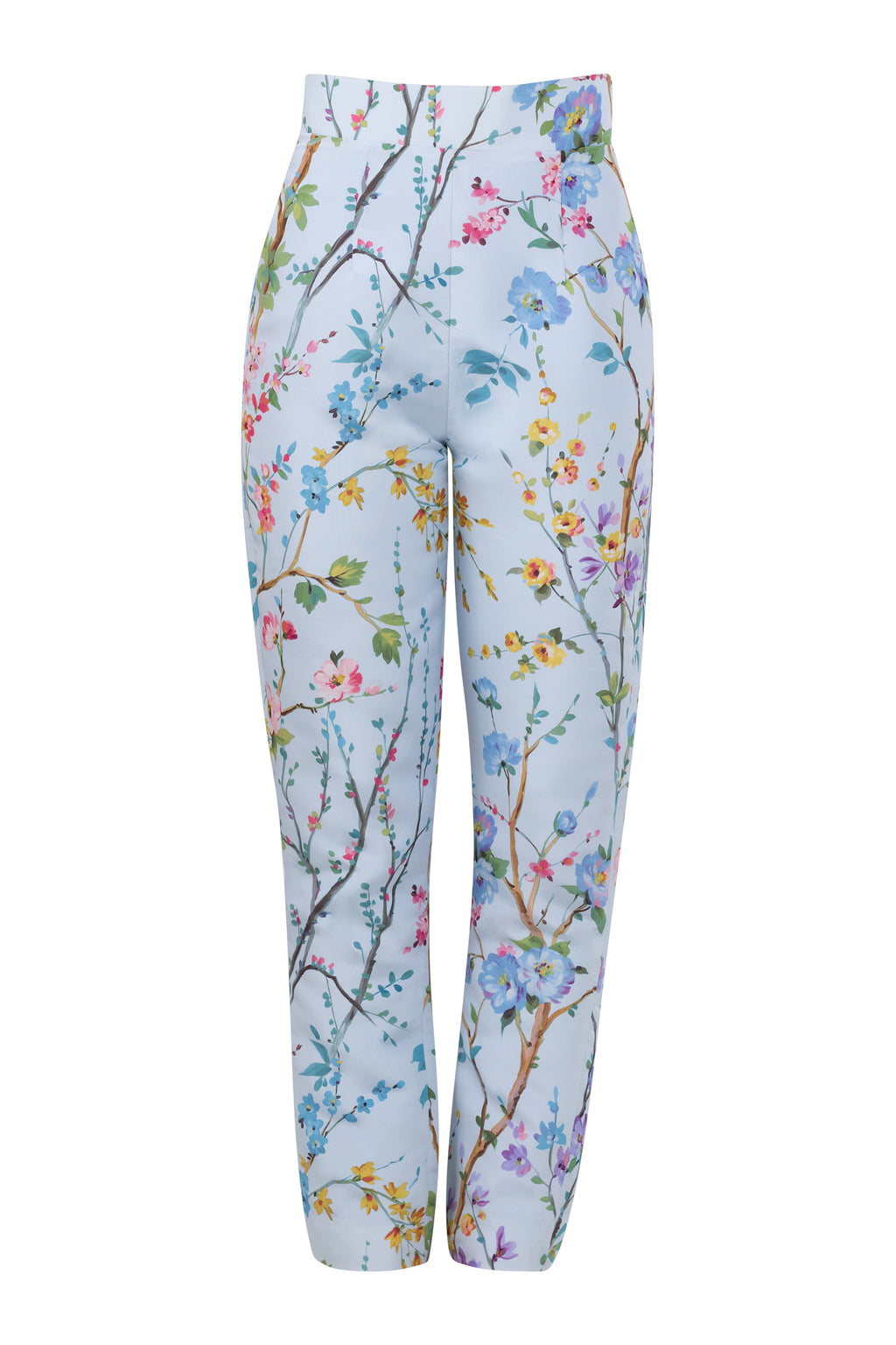 floral cigarette trousers Garden Reverie Silk Faille Cigarette Pants in Light Blue Floral 10