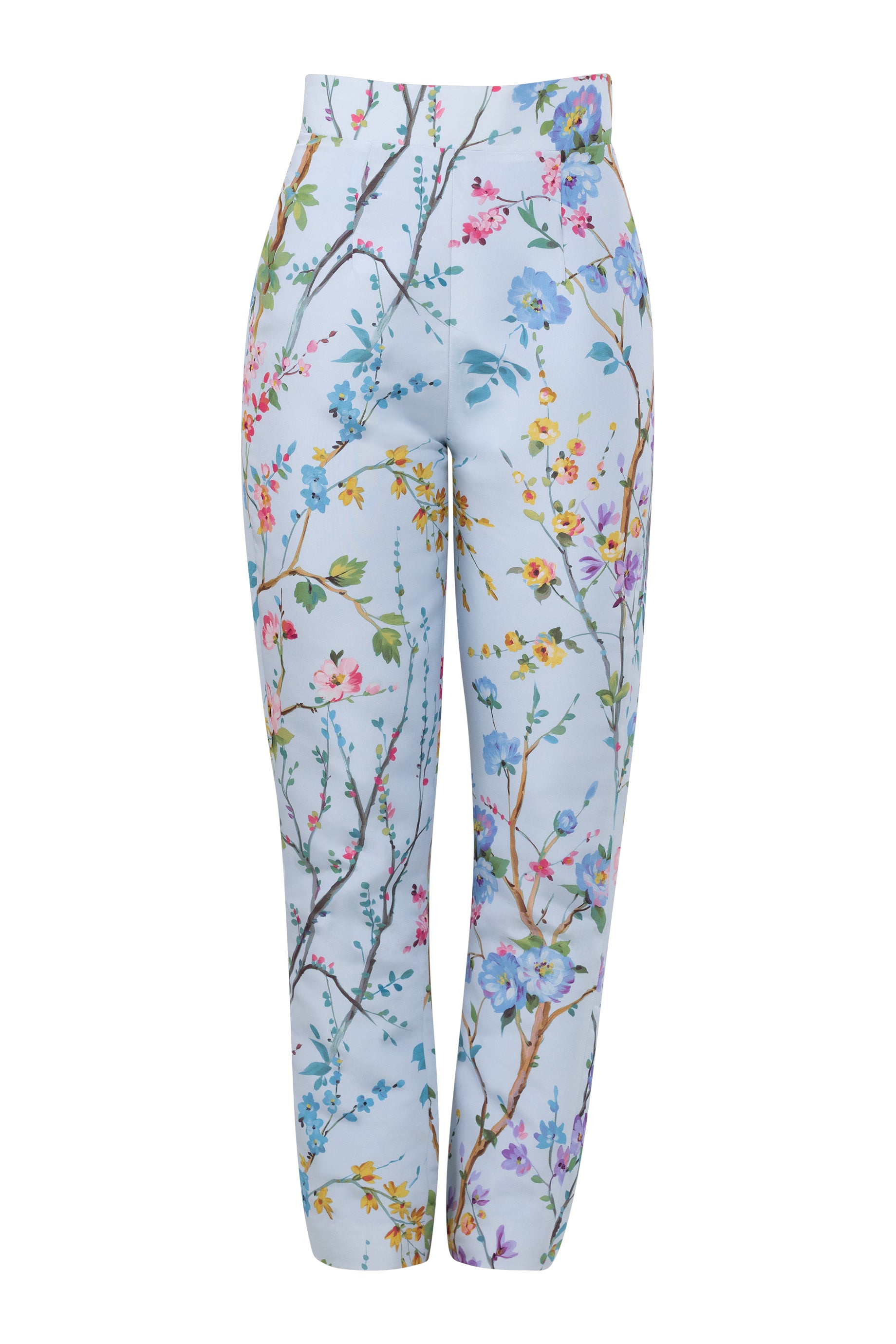 Garden Reverie Silk Faille Cigarette Pants in Light Blue Floral