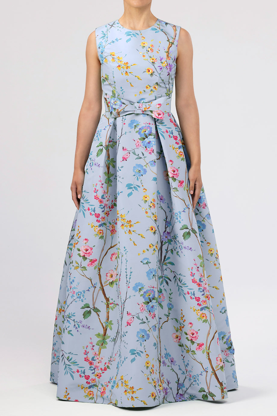 Grace Garden Reverie Silk Faille Ball Gown with Bow Belt Light Blue Floral