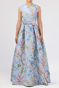 Grace Garden Reverie Silk Faille Ball Gown with Bow Belt Light Blue Floral