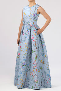 Grace Garden Reverie Silk Faille Ball Gown with Bow Belt Light Blue Floral