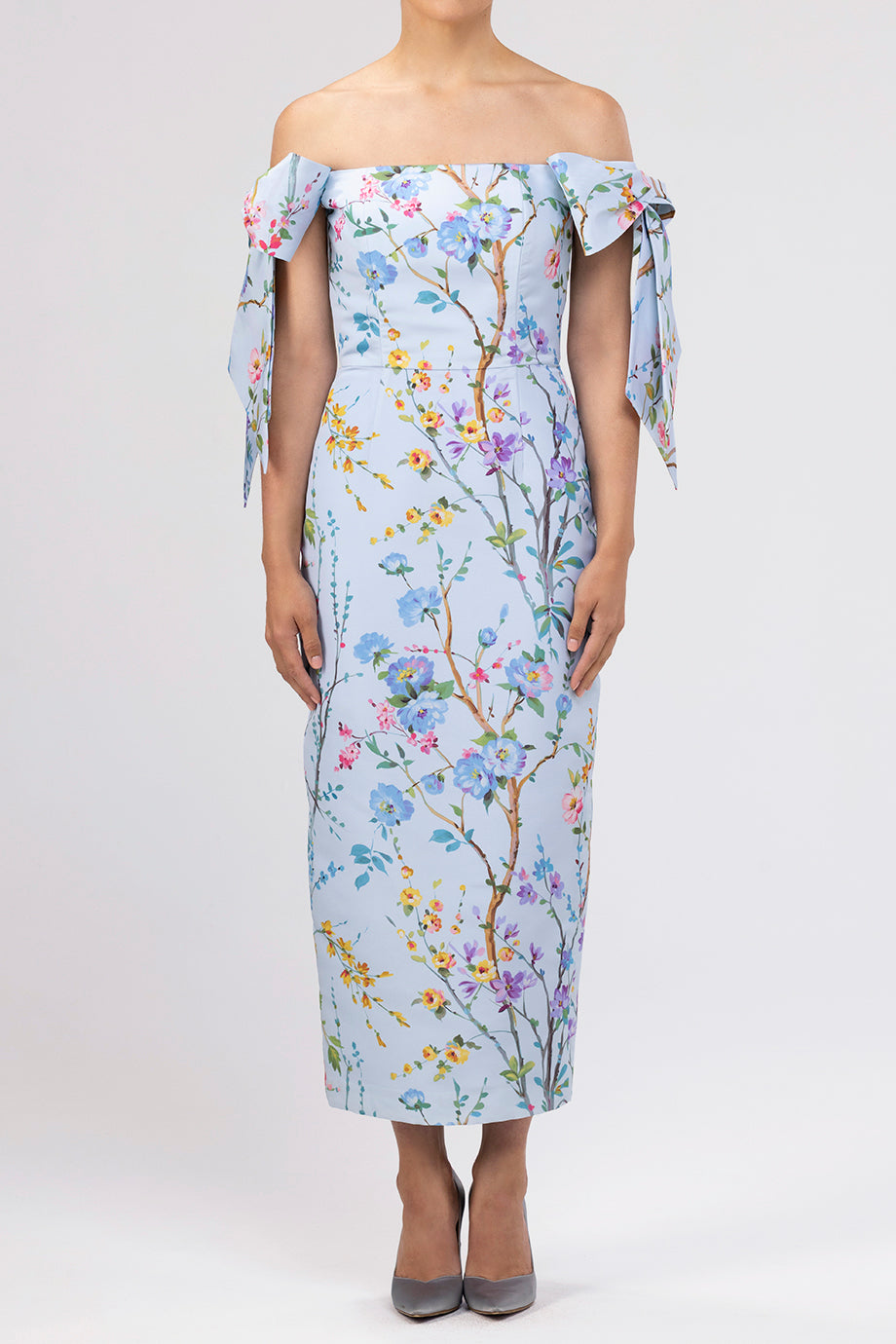 Isabella Garden Reverie Silk Faille Midi Dress in Light Blue Floral