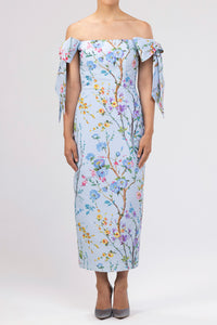 Isabella Garden Reverie Silk Faille Midi Dress in Light Blue Floral
