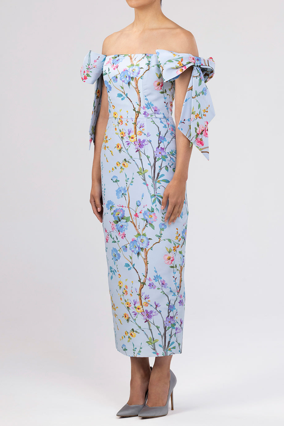 Isabella Garden Reverie Silk Faille Midi Dress in Light Blue Floral