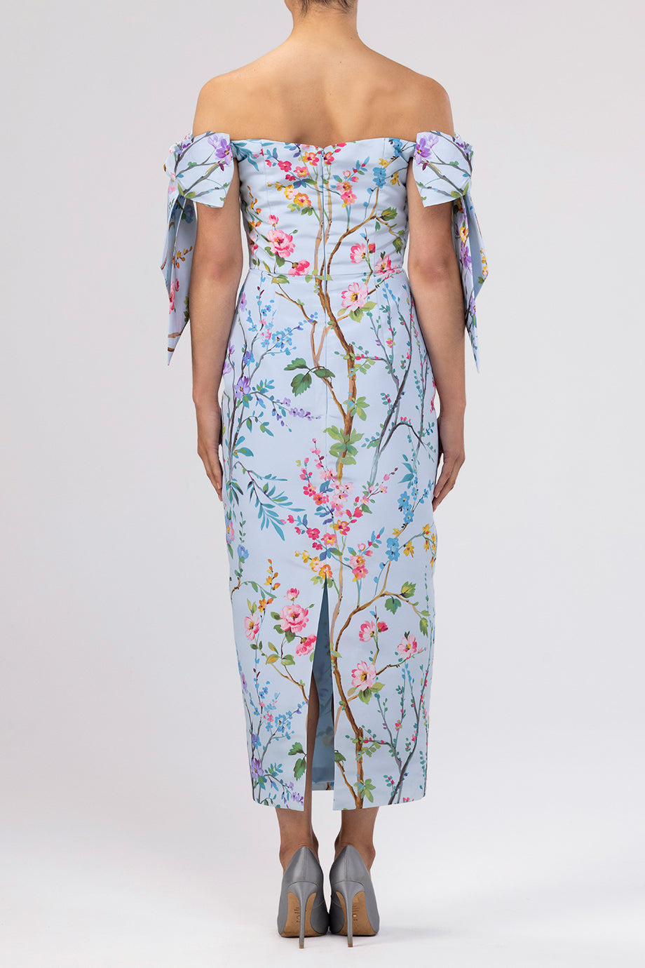 Isabella Garden Reverie Silk Faille Midi Dress in Light Blue Floral