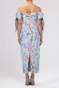 Isabella Garden Reverie Silk Faille Midi Dress in Light Blue Floral