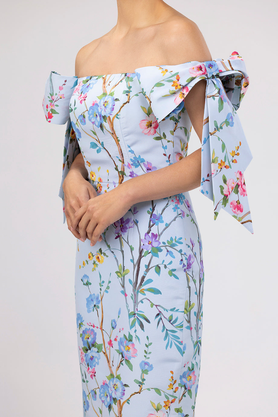 Isabella Garden Reverie Silk Faille Midi Dress in Light Blue Floral