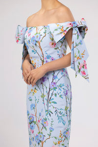 Isabella Garden Reverie Silk Faille Midi Dress in Light Blue Floral