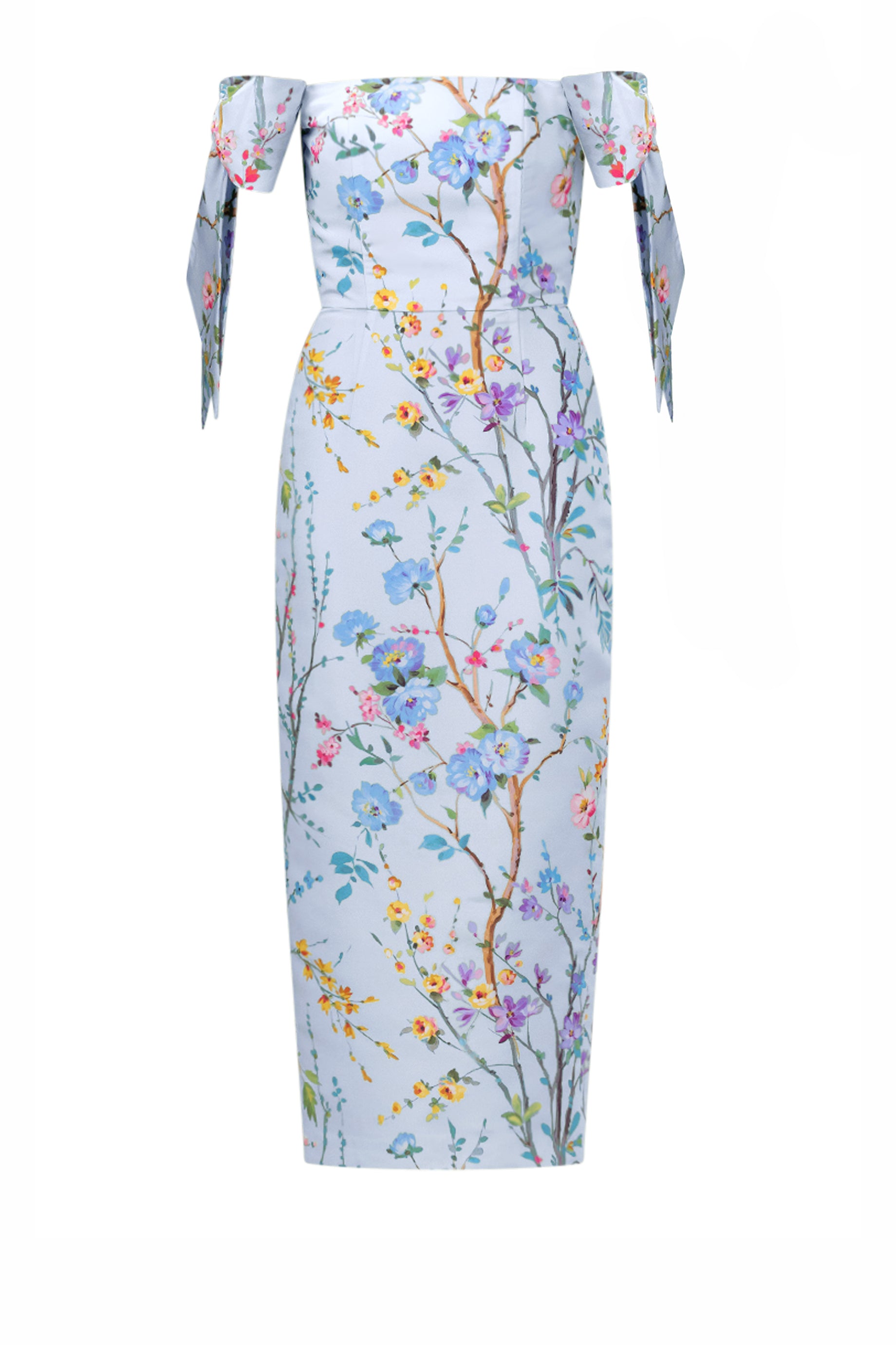 Isabella Garden Reverie Silk Faille Midi Dress in Light Blue Floral