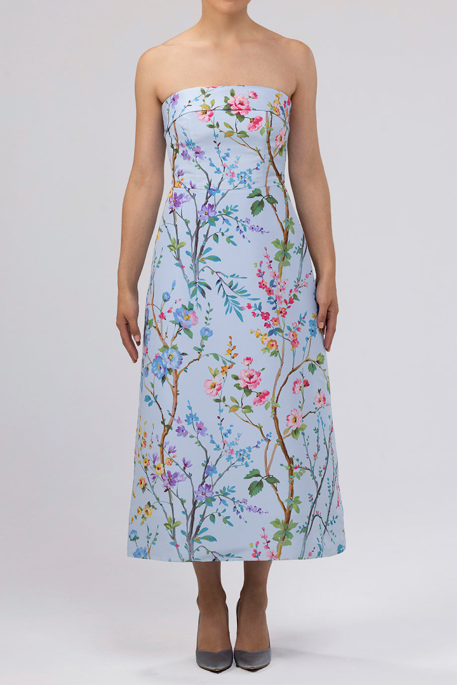 Lucie Garden Reverie Silk Faille A-Line Midi Dress Light Blue Floral