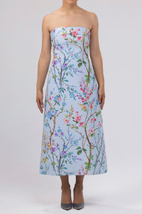 Lucie Garden Reverie Silk Faille A-Line Midi Dress Light Blue Floral