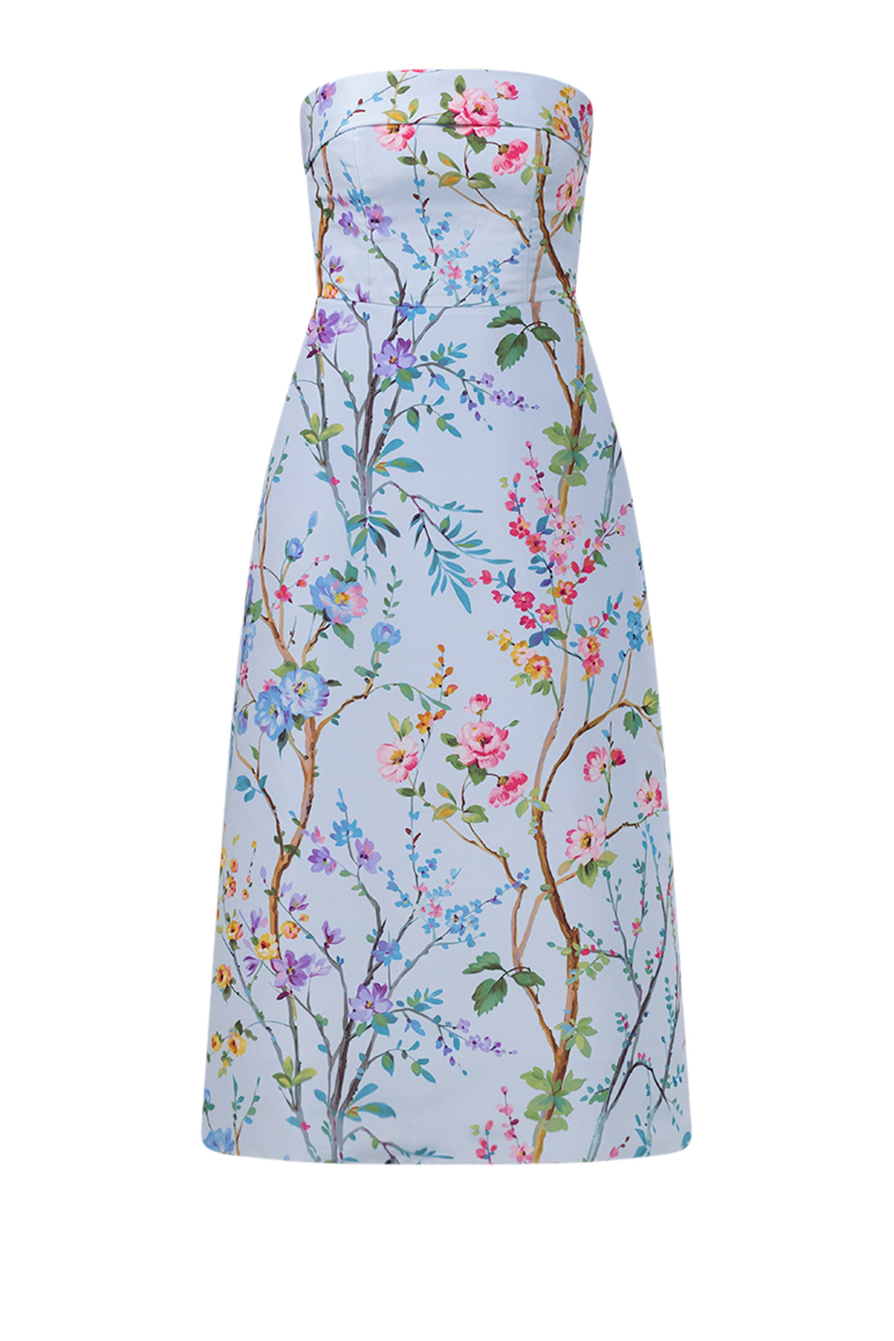 Lucie Garden Reverie Silk Faille A-Line Midi Dress in Light Blue Floral