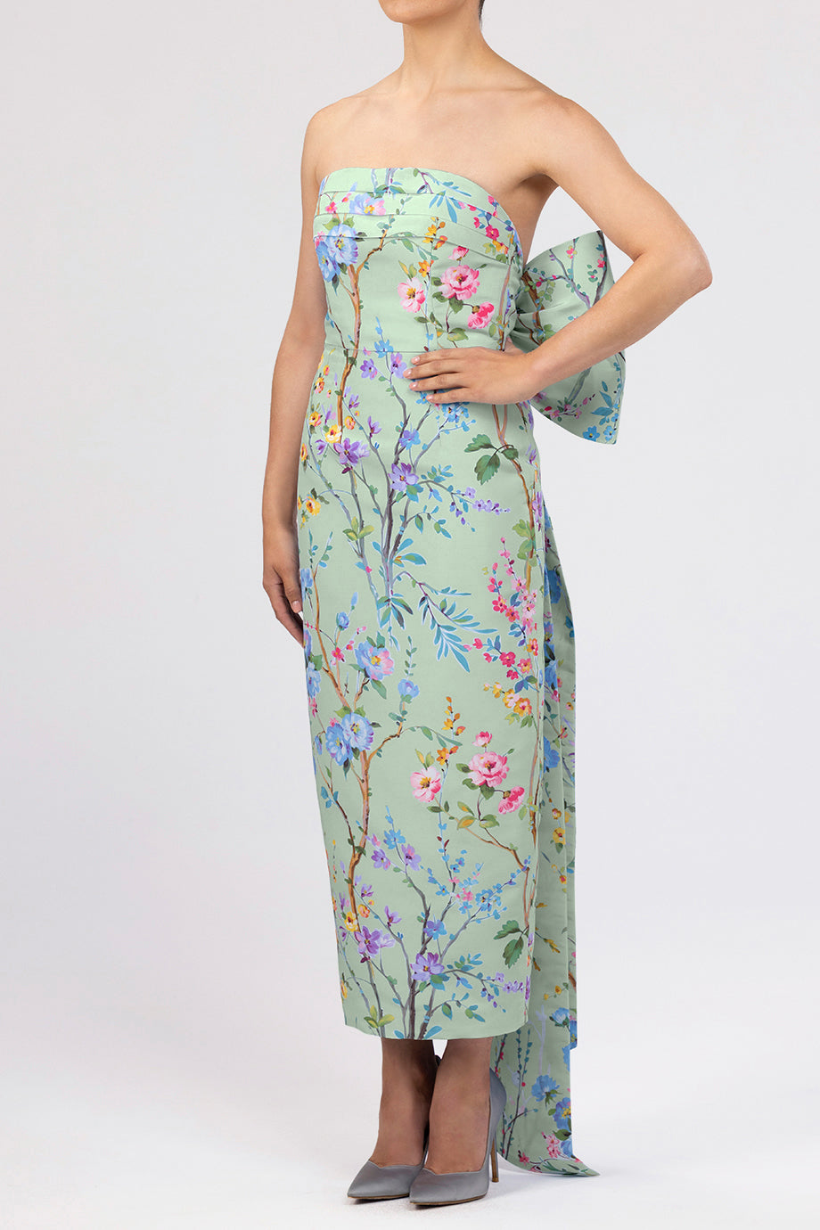 Margaret Garden Reverie Silk Faille Midi Dress in Celadon Floral