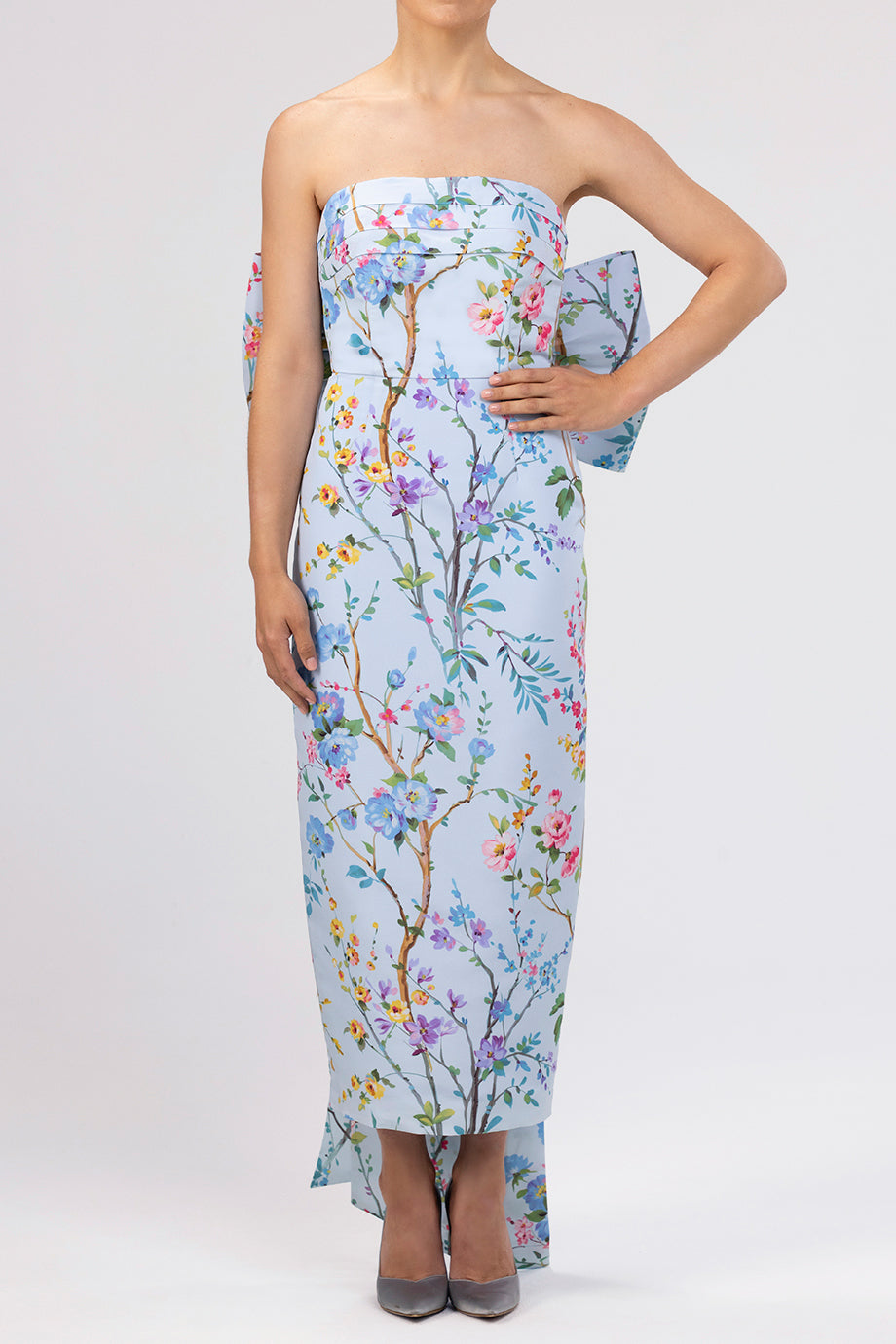 Margaret Garden Reverie Silk Faille Midi Dress in Light Blue Floral