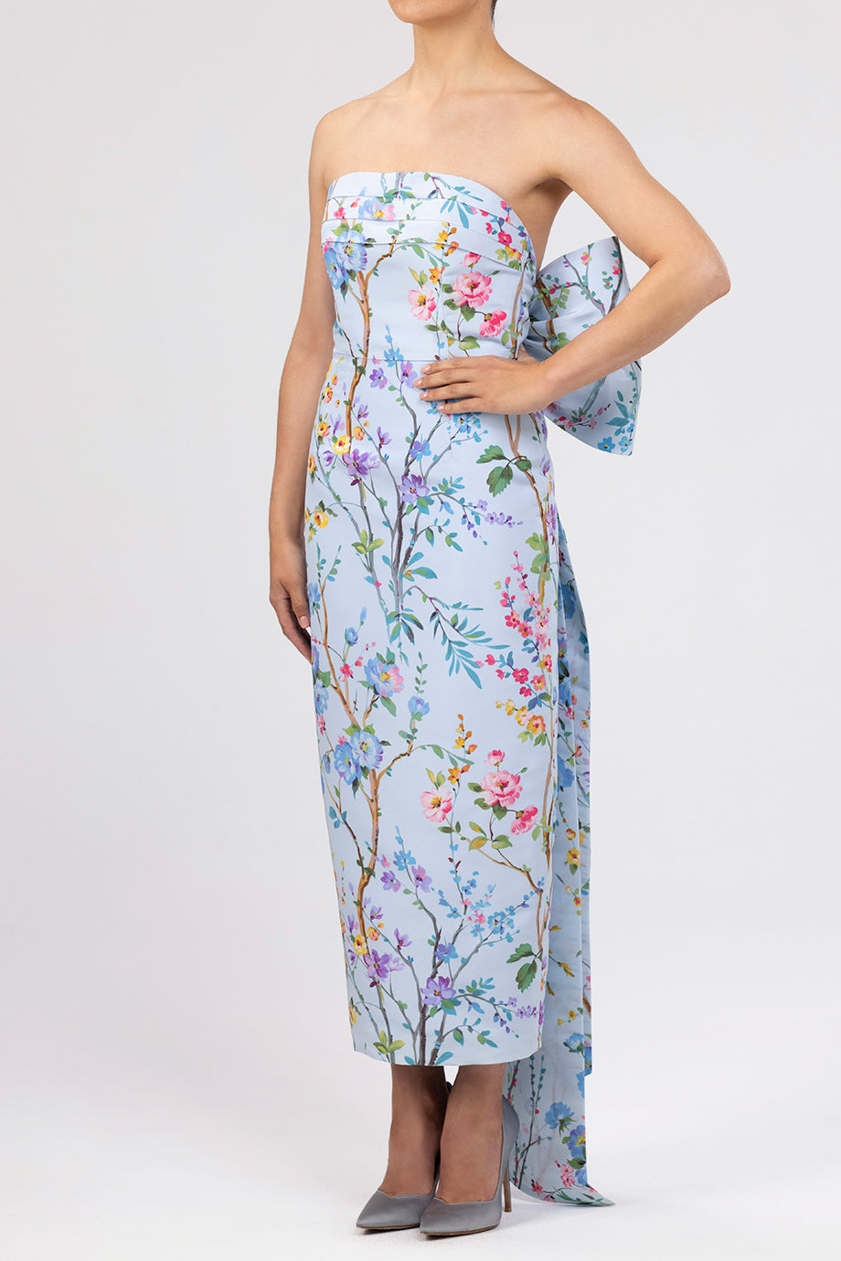 Margaret Garden Reverie Silk Faille Midi Dress in Light Blue Floral