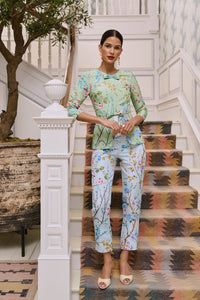 Garden Reverie Silk Faille Cigarette Pants in Light Blue Floral