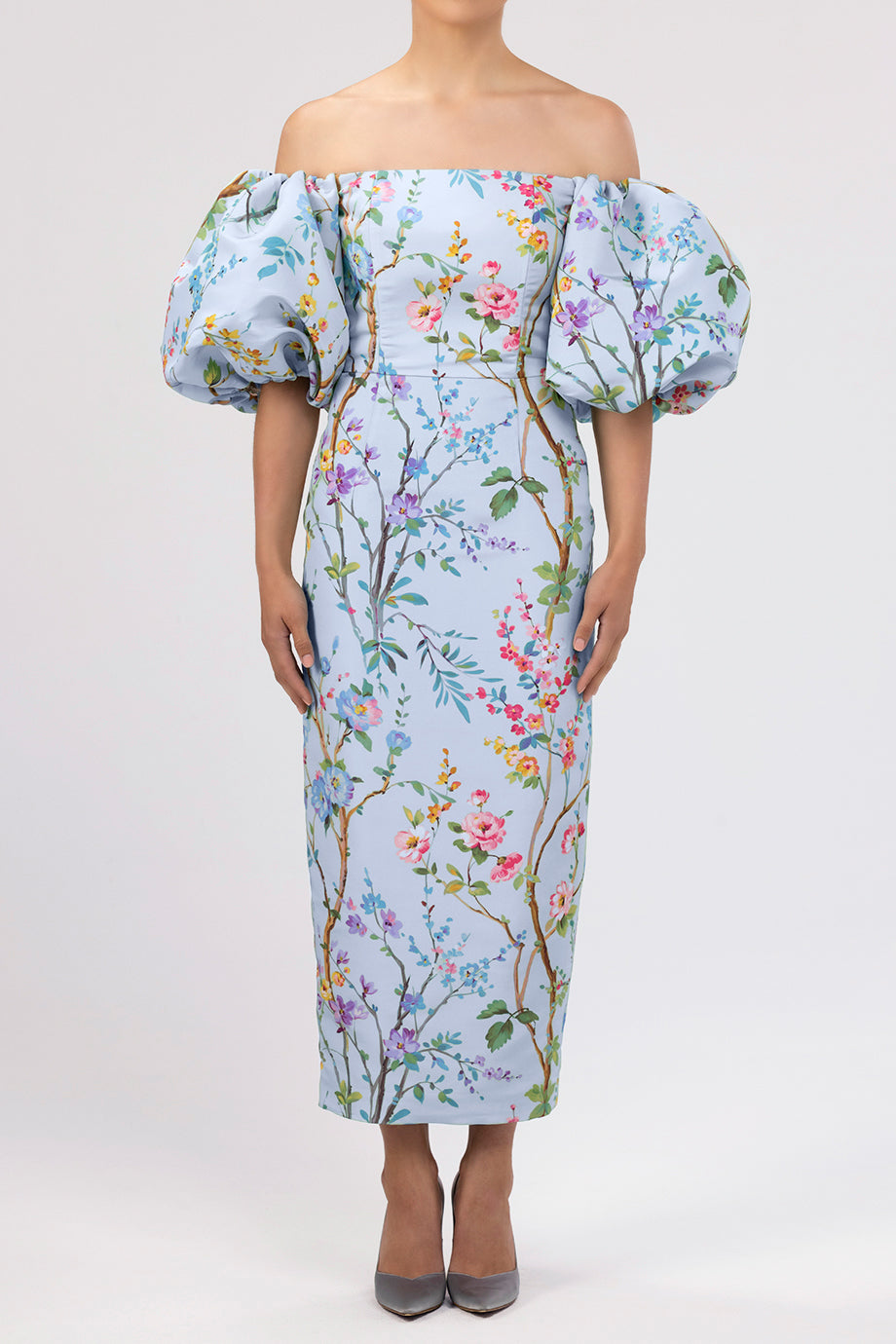 Sylvia Garden Reverie Silk Faille Midi Dress in Light Blue Floral