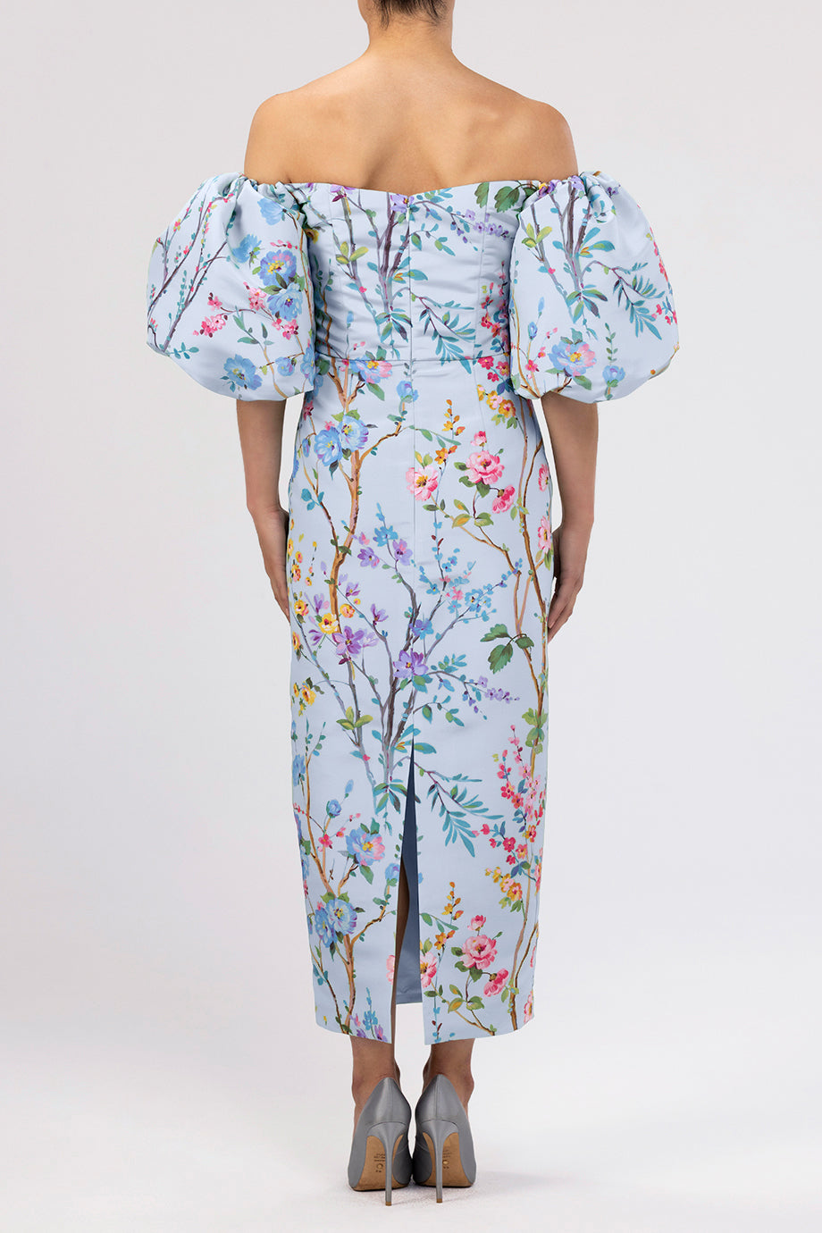 Sylvia Garden Reverie Silk Faille Midi Dress in Light Blue Floral