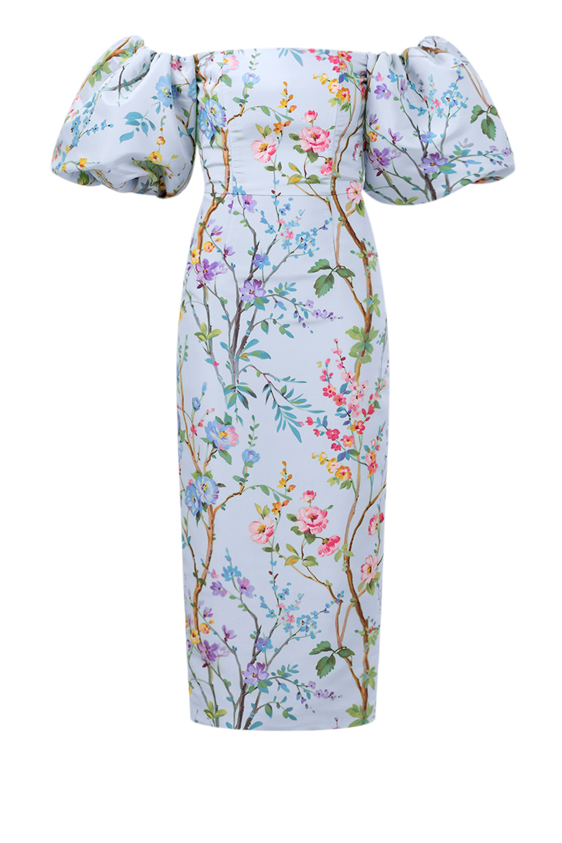 Sylvia Garden Reverie Silk Faille Midi Dress in Light Blue Floral